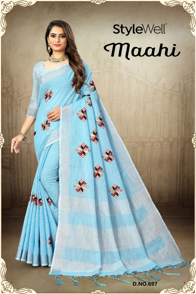 Style Well Maahi  New Exclusive Embroidery on Linen Patta Sarees Collection